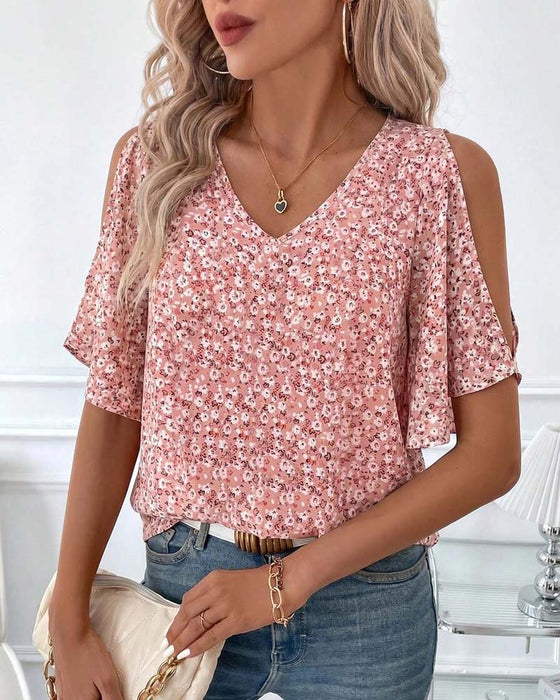 Bluse V-Ausschnitt Blumig Off-Shoulder Flügelärmel