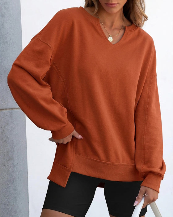 Kleiner V-Ausschnitt, Lässig Weites Langarm Sweatshirt