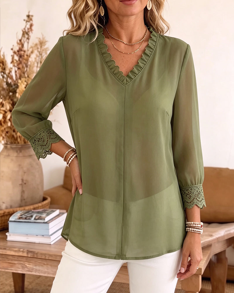Bluse V-Ausschnitt Rüsche Spitze Patchwork