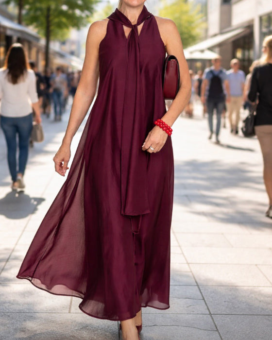 Kleid Halsschnitt Maxi Rock Unifarben Leicht Chiffon