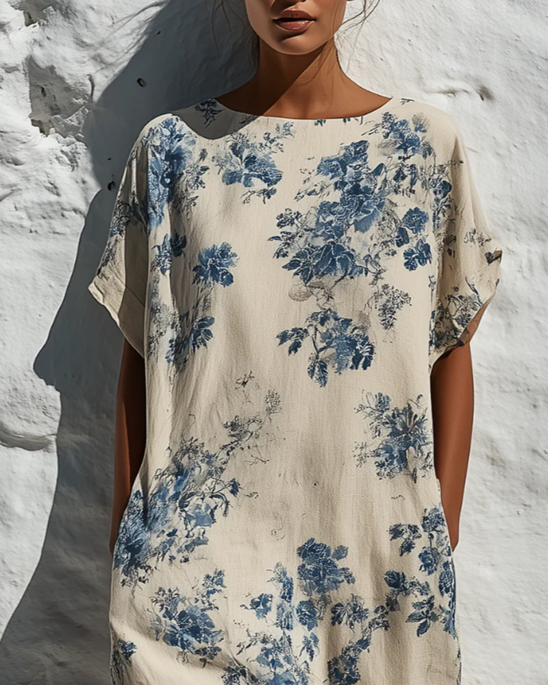 Kleid Rundhals Vintage Blau Floral