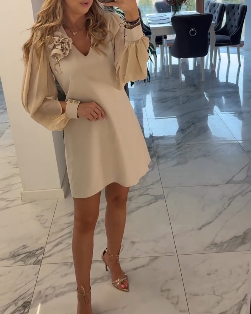 Kleid Dreidimensionale Blume V-Ausschnitt Kugelärmel