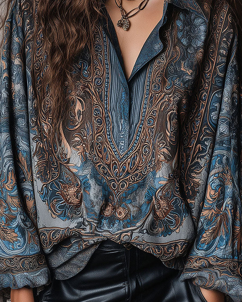 Bluse Retro Druck V-Ausschnitt Revers Raffiniert