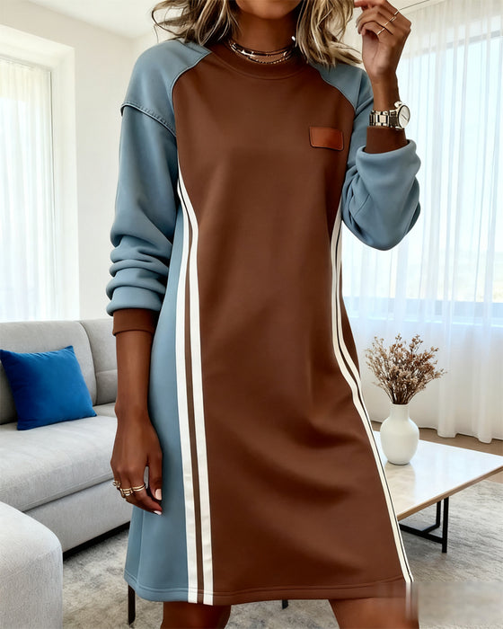 Kleid Langarm Farbblock Rundhals Gerade