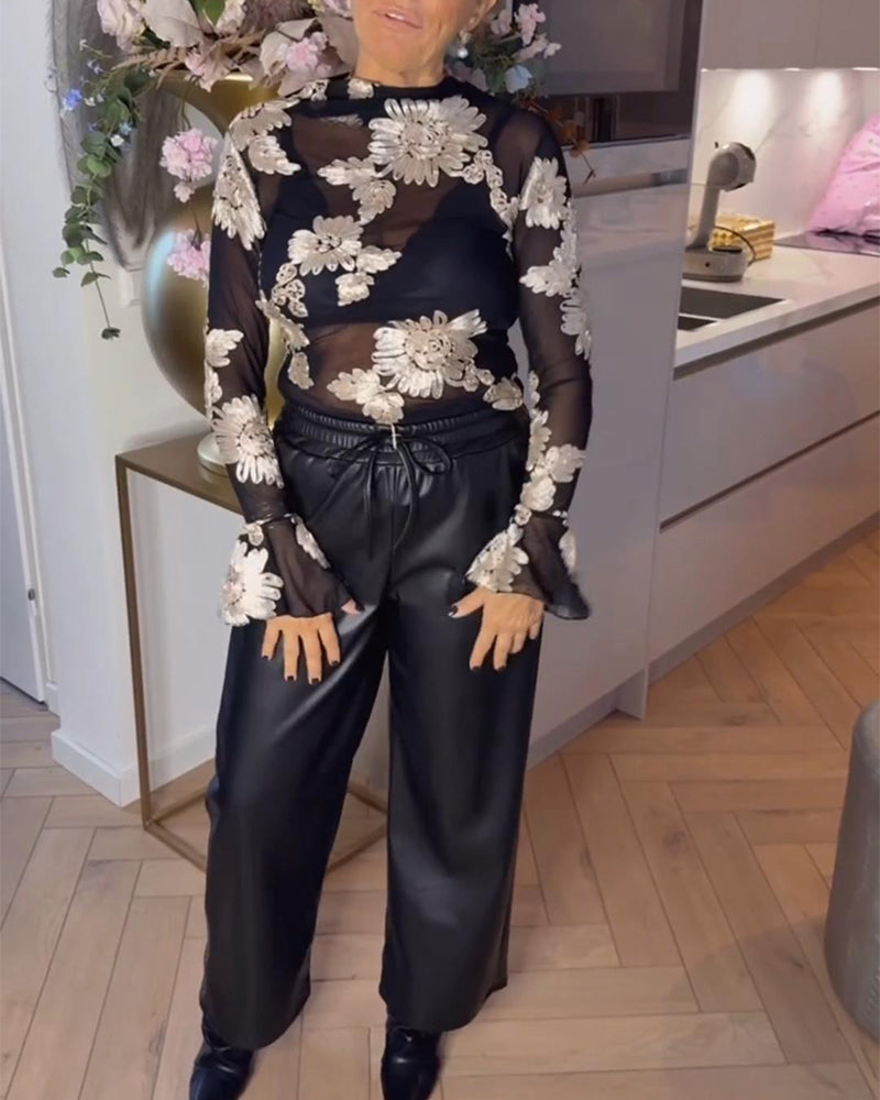 Bluse Trompetenärmel Modisch Blumen