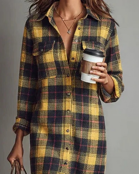 Kleid Hemdkragen Karo Langarm
