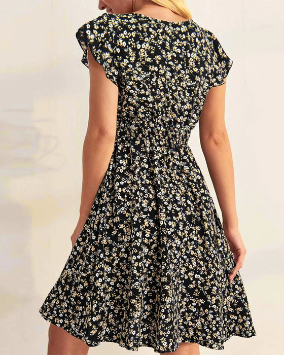 Kleid Rundhals Elastische Kräuselung Blumig