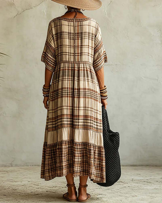 Kleid V-Ausschnitt Karo Patchwork