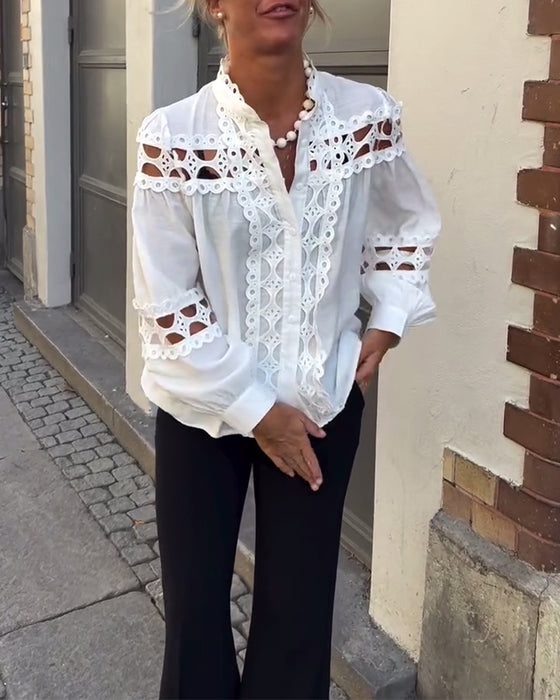 Bluse Stehkragen Hohl Spitze
