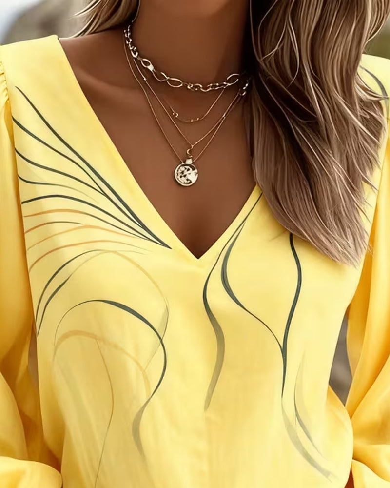 Bluse V-Ausschnitt Linie Bedruckt Puffärmel