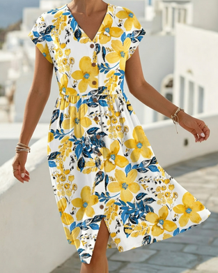 Kleid Blumendruck V-Ausschnitt Kurzarm