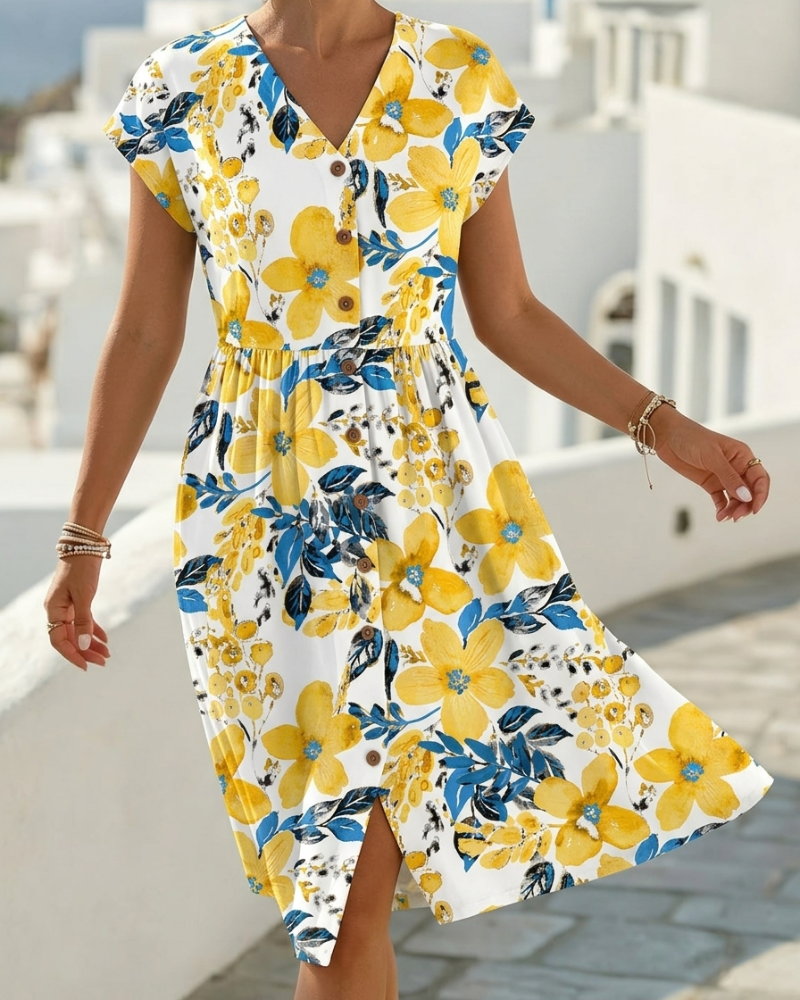 Kleid Blumendruck V-Ausschnitt Kurzarm