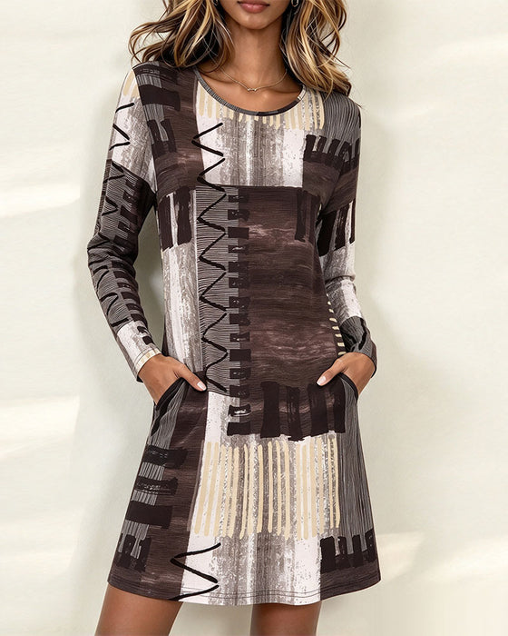 Kleid Runder Kragen Bedruckt