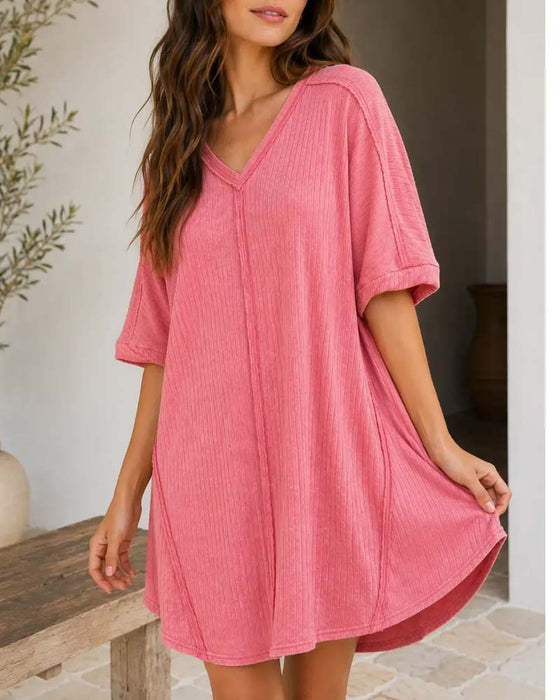 Kleid V-Ausschnitt Einfarbig Lässig