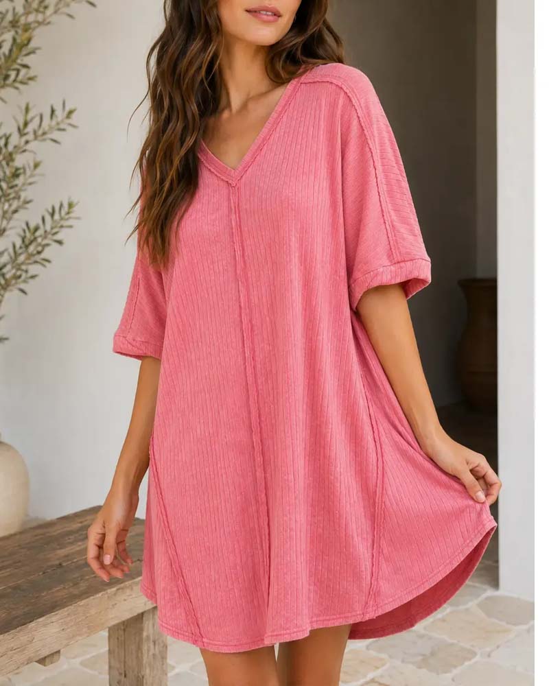 Kleid V-Ausschnitt Einfarbig Lässig