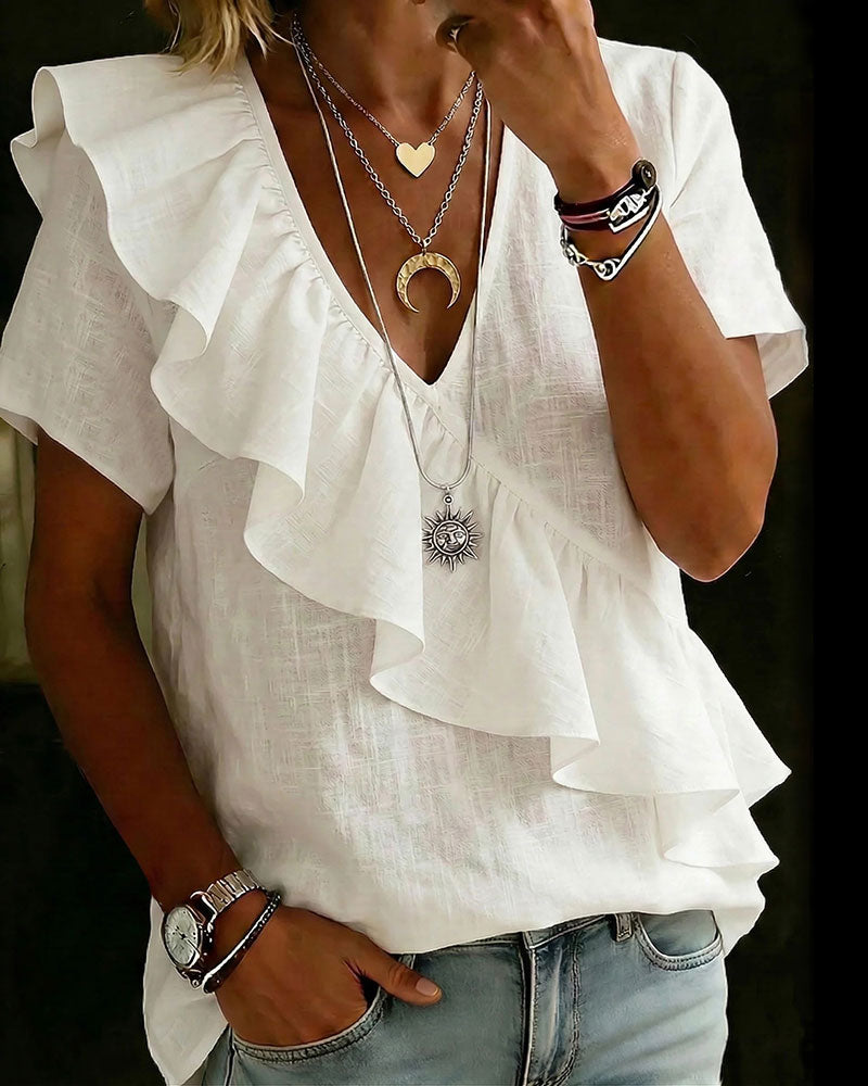 Bluse V-Ausschnitt Kurzarm Rüschen