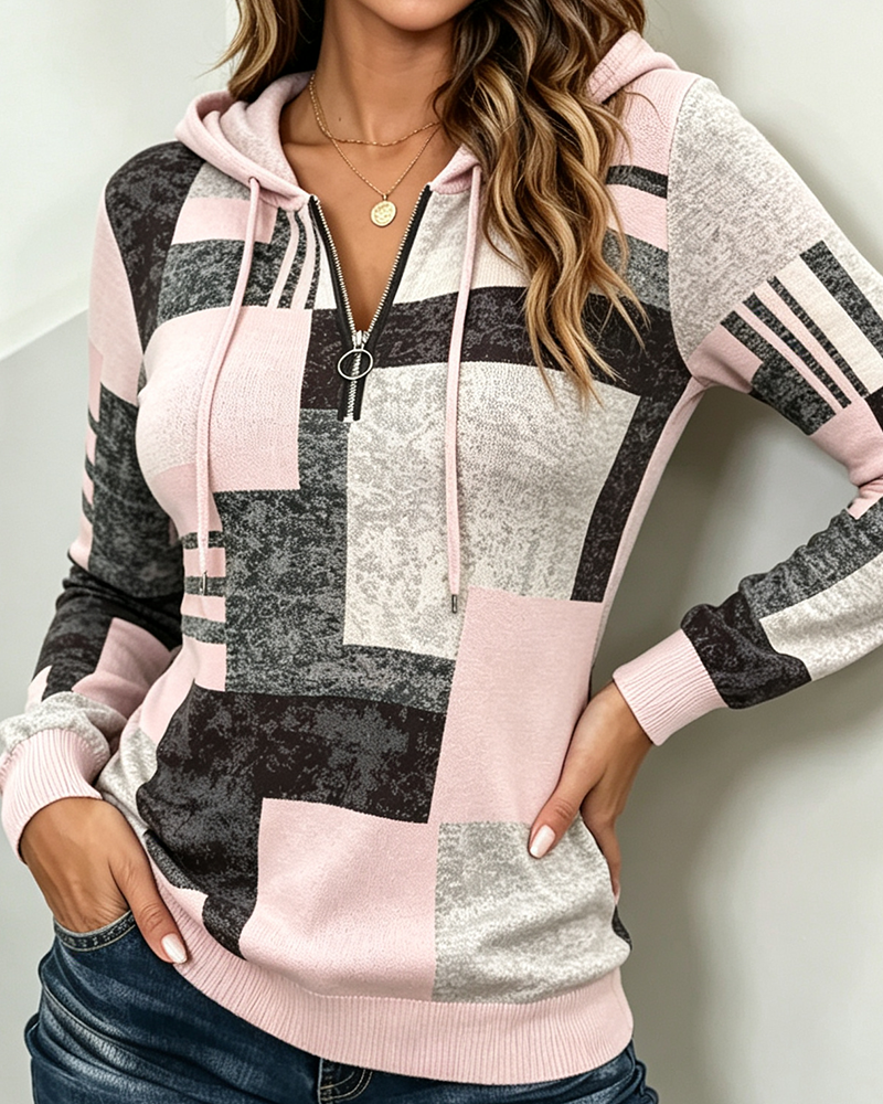 Hoodie Halb-Zip Lässig Kontrast Karomuster