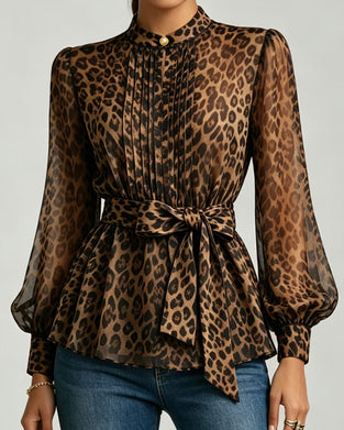 Bluse Leopard Druck Stehkragen Puff Ärmel Schnürung