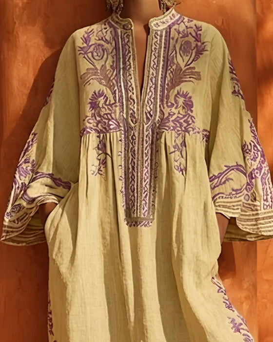 Kleid V-Ausschnitt Ethno-Print Loose Fit