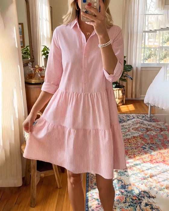 Kleid Hemdkragen Gestreift Patchwork