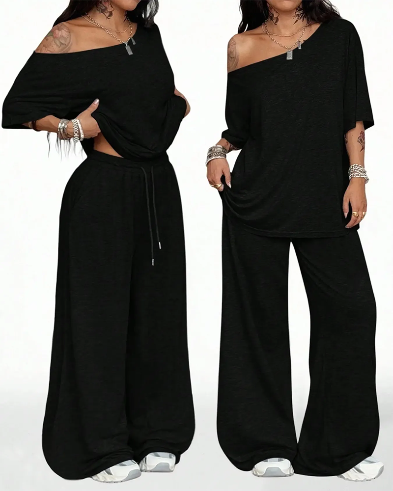Set Schräger Hals Kordelzug In Der Taille Weit Bein Hose