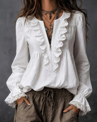 Bluse Mit Reißverschluss Und Rüschenärmeln