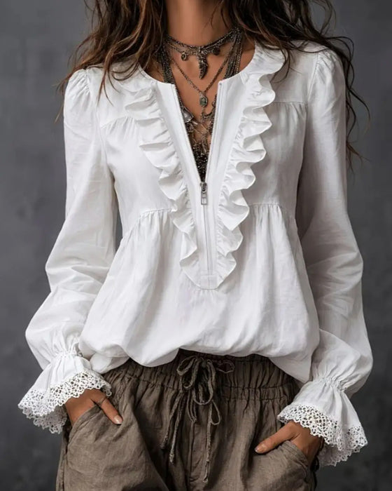 Bluse Mit Reißverschluss Und Rüschenärmeln