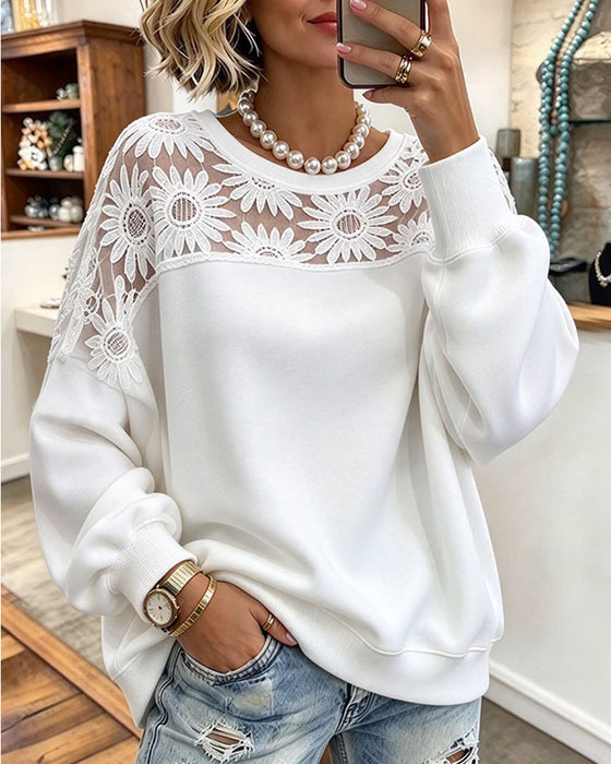 Sweatshirt Rundhals Sonnenblume Spitze Patchwork