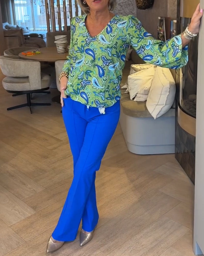 Top Wassertropfen-Druck Langarm V-Ausschnitt