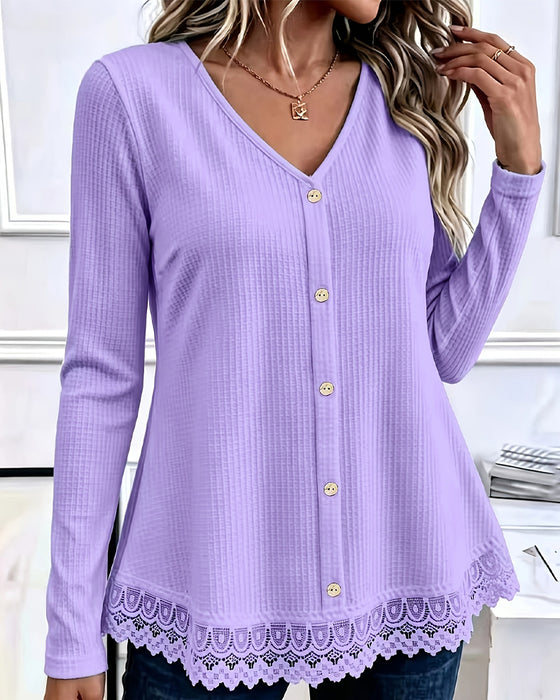 T-Shirt Langer Ärmel Waffel Patchwork
