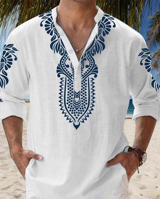 Hemden Ethno Blau Print Mandarin Kragen