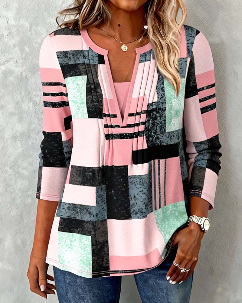 Langärmliges Colorblock-Top mit V-Ausschnitt