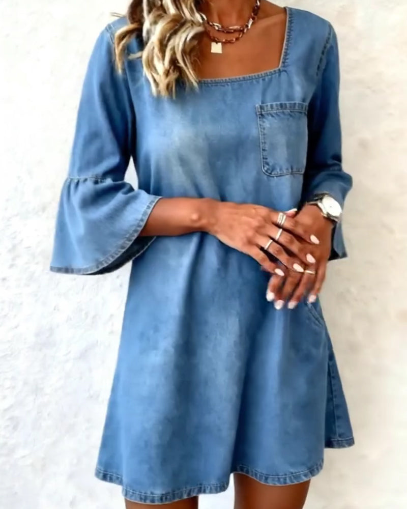 Kleid Quadratischer Ausschnitt Ausgestellt 3/4-Arm