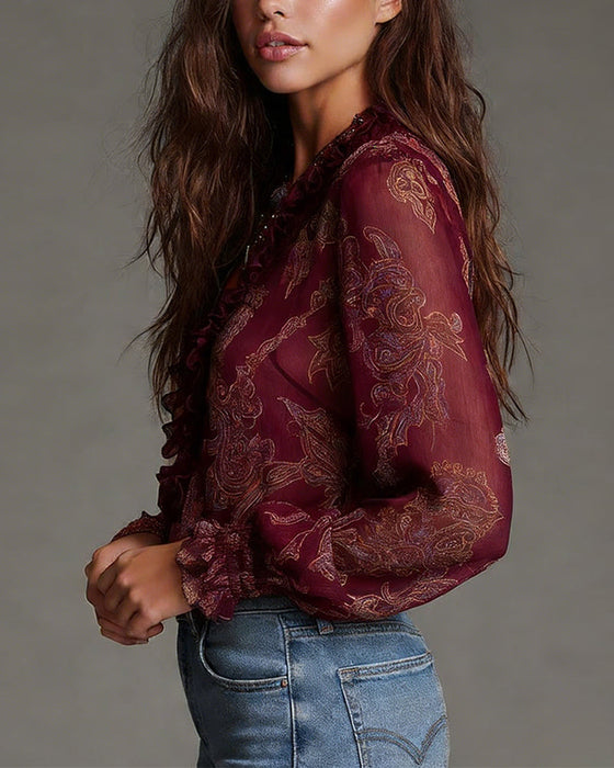 Bluse Halb-Reißverschluss Rüsche Retro