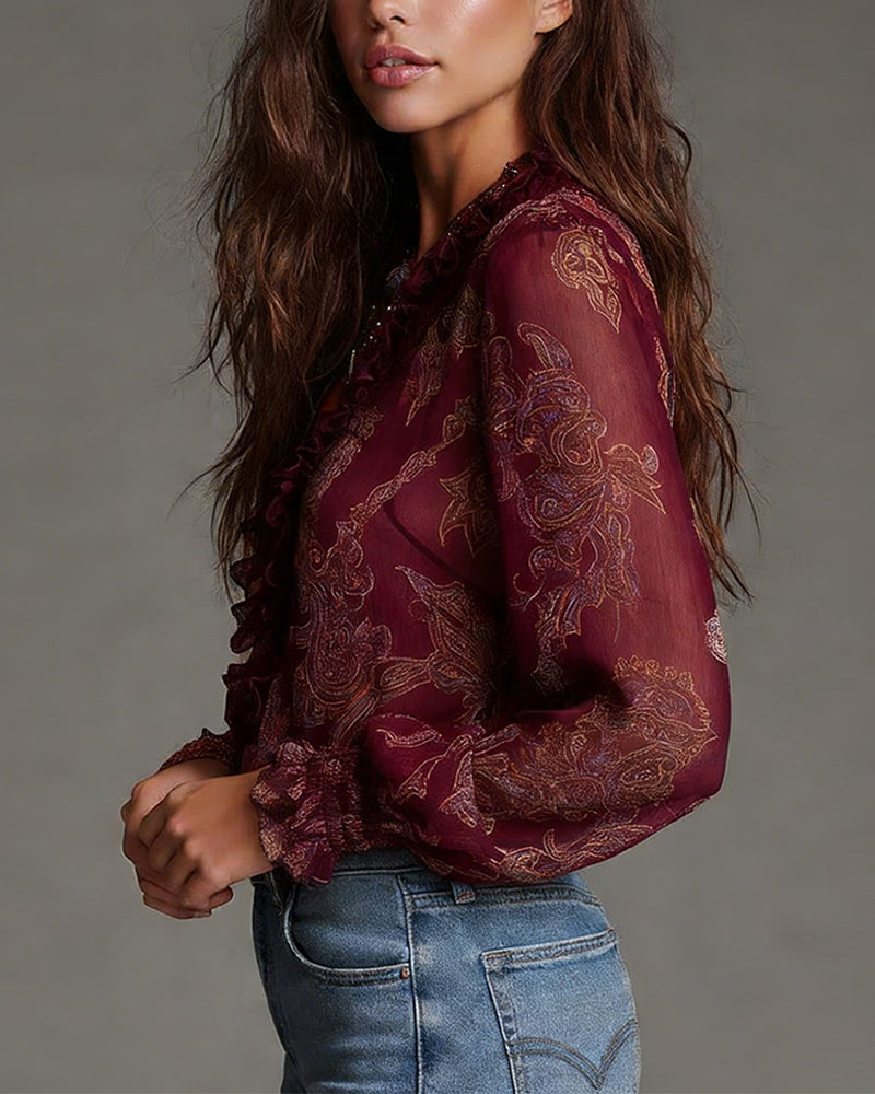 Bluse Halb-Reißverschluss Rüsche Retro