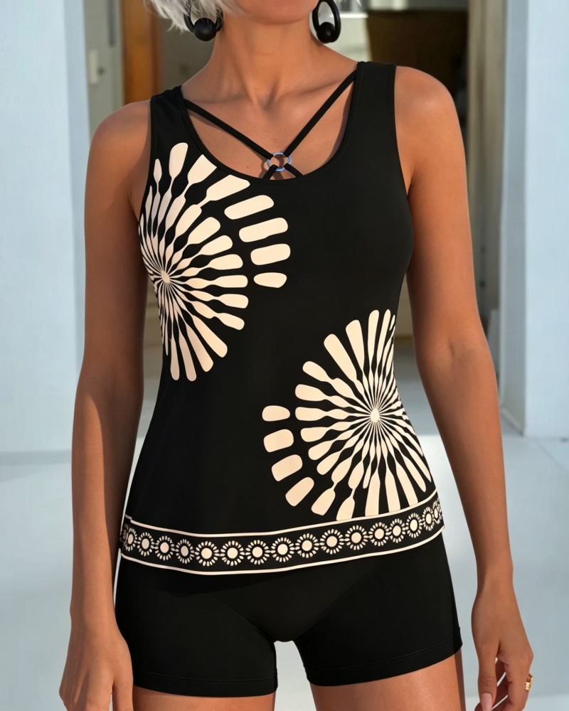 Tankini Geometrischer Print Überkreuz Binden