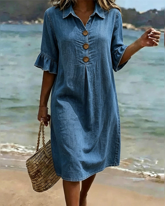 Kleid Denim Rüschenärmel Hemd
