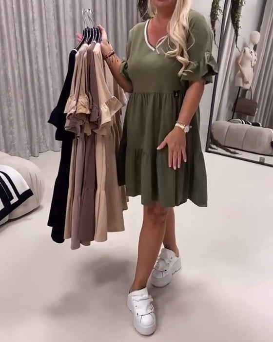 Kleid V-Ausschnitt Rüschenärmel A-Linie