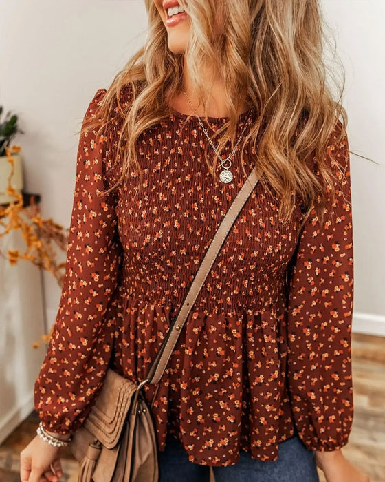 Bluse Blumen Gerafft Langarm