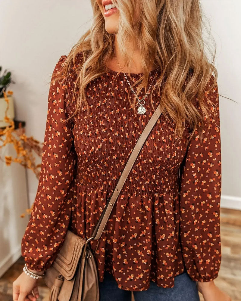 Bluse Blumen Gerafft Langarm