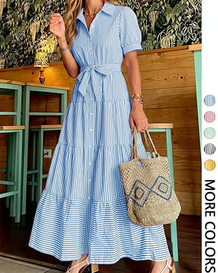 Kleid Gestreift Tailliert Gestuft Hemd Maxi