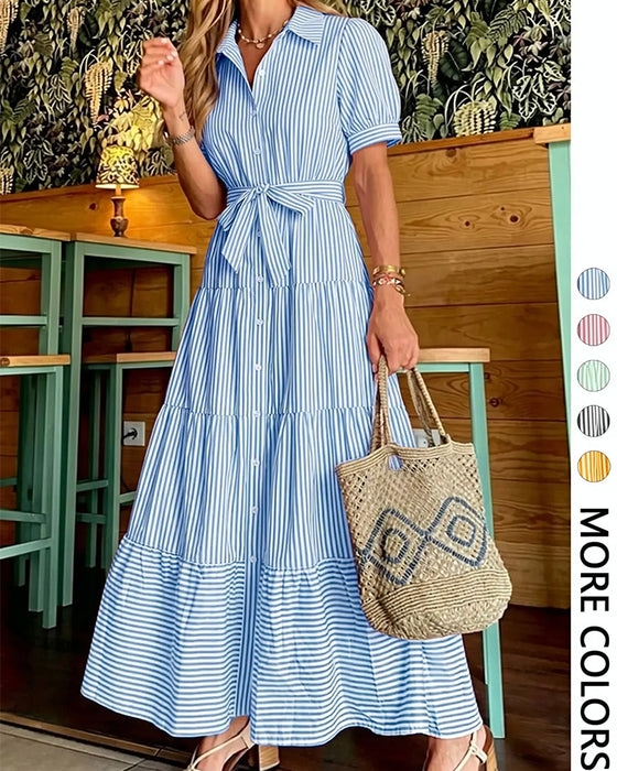 Kleid Gestreift Tailliert Gestuft Hemd Maxi