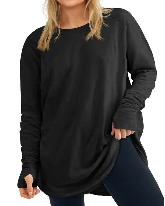 T-Shirt Rundhals Langarm Unifarben Locker