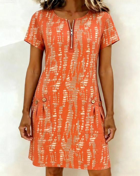 Kleid Bedruckt Halb-Reißverschluss Große Tasche