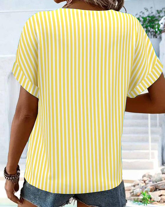 T-Shirt V-Ausschnitt Gestreift Farbblock