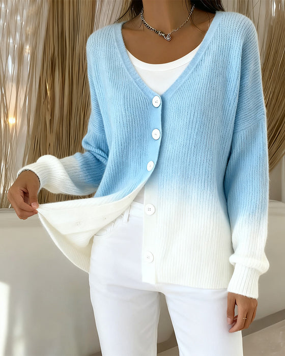 V-Ausschnitt langärmelige Gradient-Strickjacke