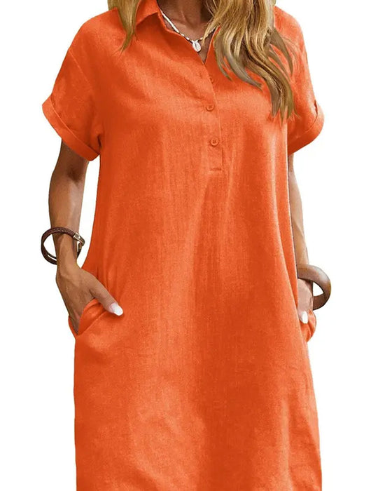 Kleid Revers Knopf Schlitz Kurzarm Lässig