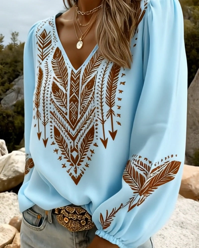 Bluse Puffärmel V-Ausschnitt Weite Passform