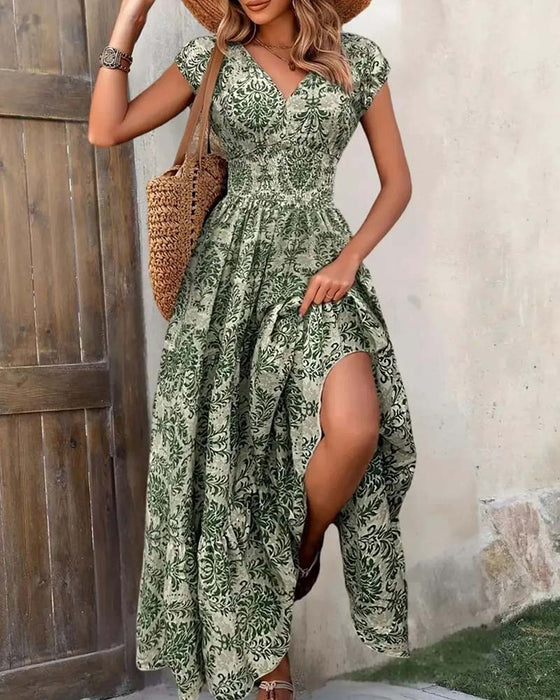 Kleid Retro Print V-Ausschnitt Tailliert Lang