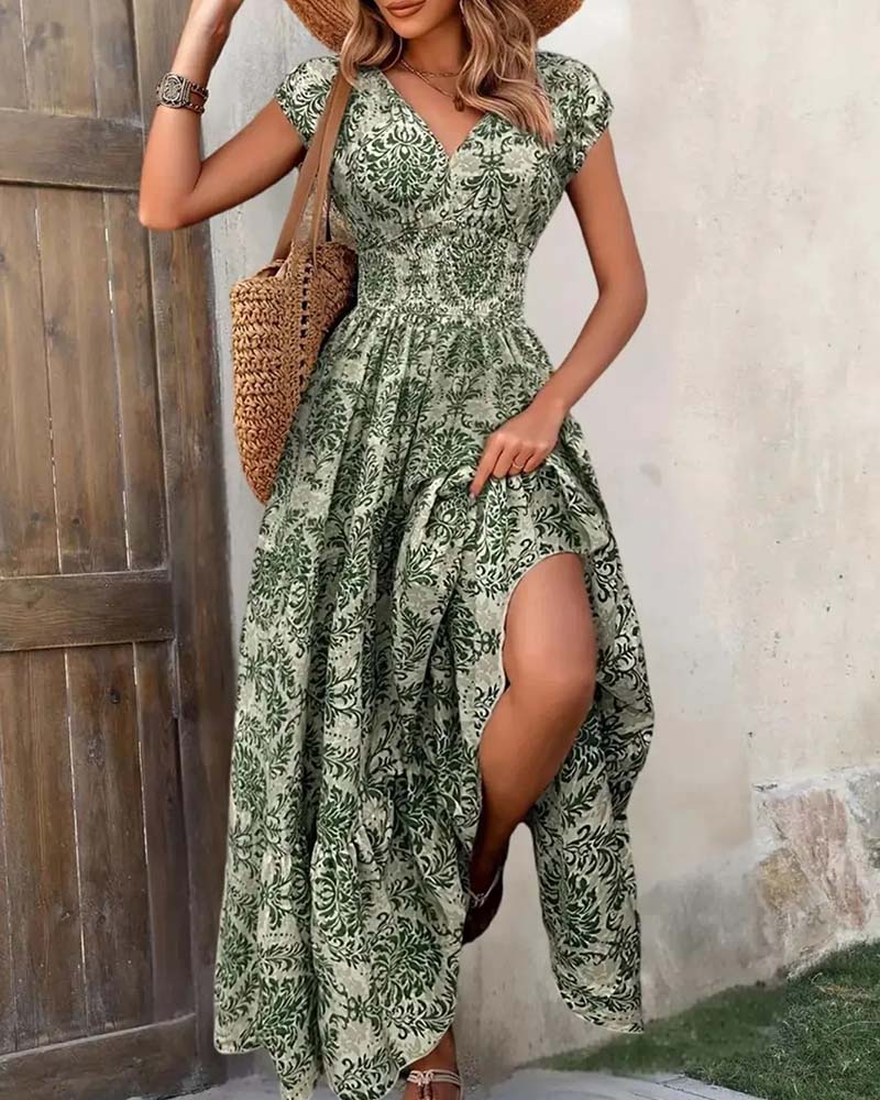 Kleid Retro Print V-Ausschnitt Tailliert Lang